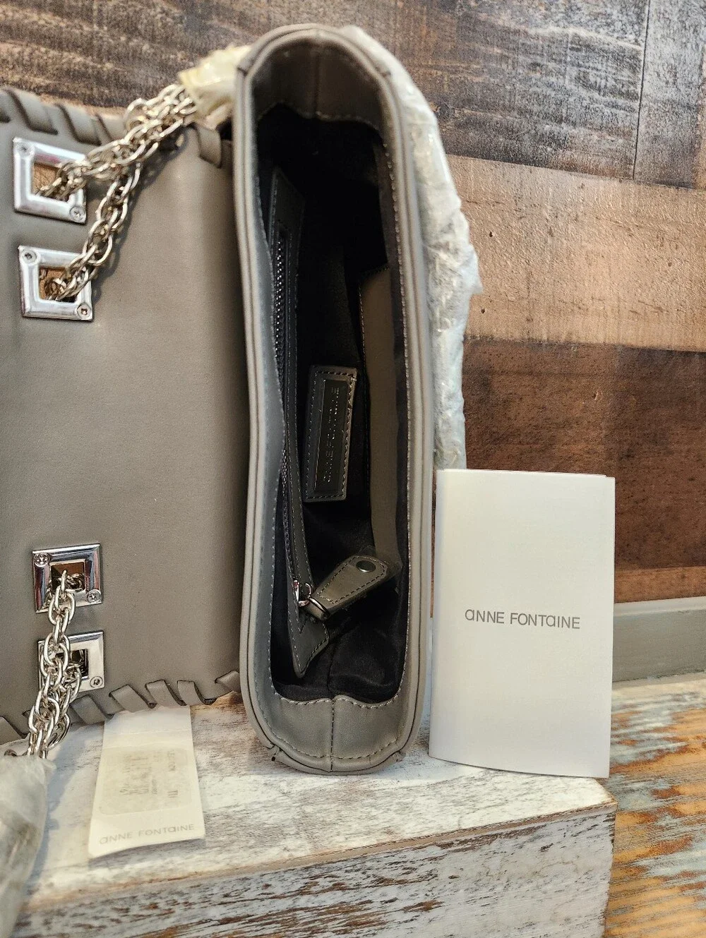 Anne Fontaine Gray Rose-Embossed Crossbody with Woven Edge